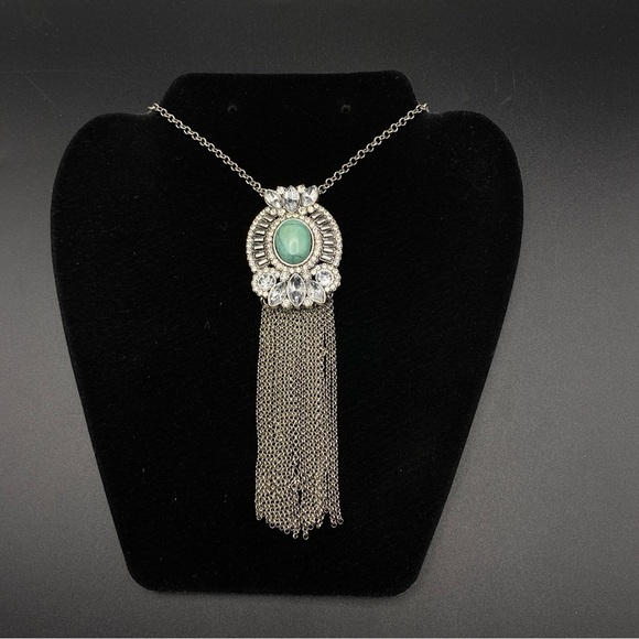 Crystal & Faux Turquoise Cabochon Necklace With Chain Dangles - Picture 9 of 9